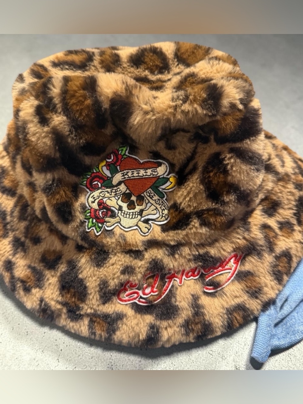 Ed Hardy Bucket Hat Womens Leopard faux fur